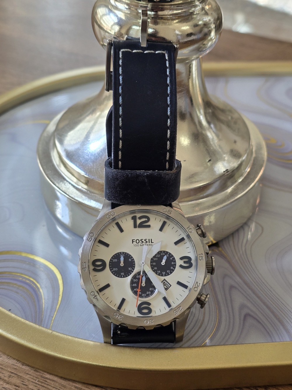 Fossil Men's Black Leather Chronograph Watch New Battery Working Cond